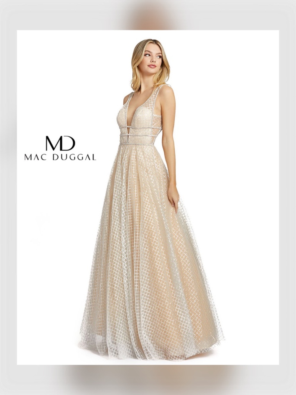 MAC DUGGAL Lattice-Print Sparkle Ball Gown